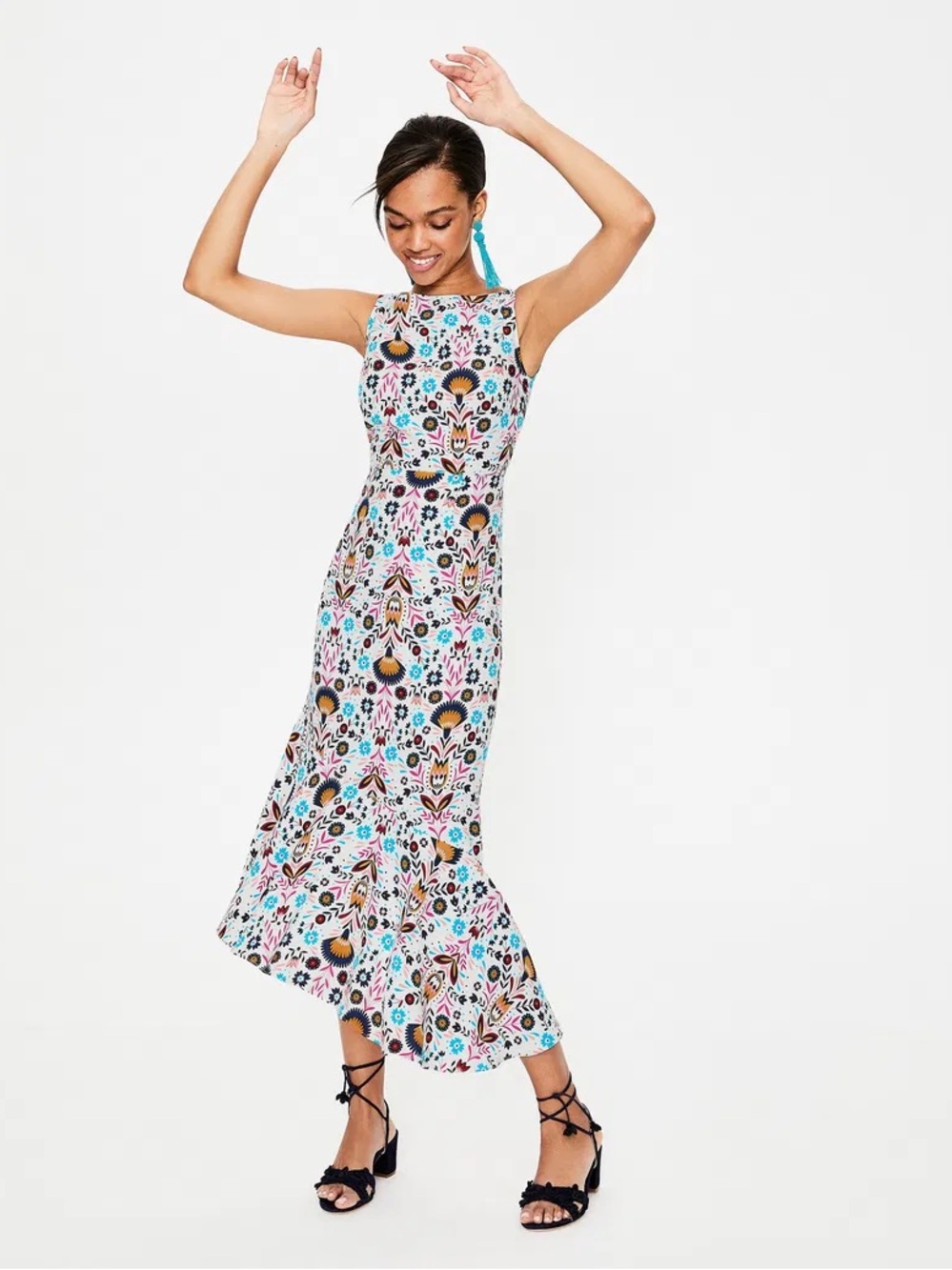 Boden Tessa Midi Sleeveless Floral Dress in White and Multicolor